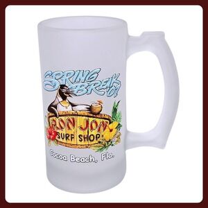Ron Jon Surf Shop Frosted Glass Mug Penguin Spring Break Cocoa Beach FL Stein 6"
